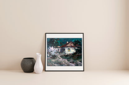 Oil painting Moonlit night in the village 