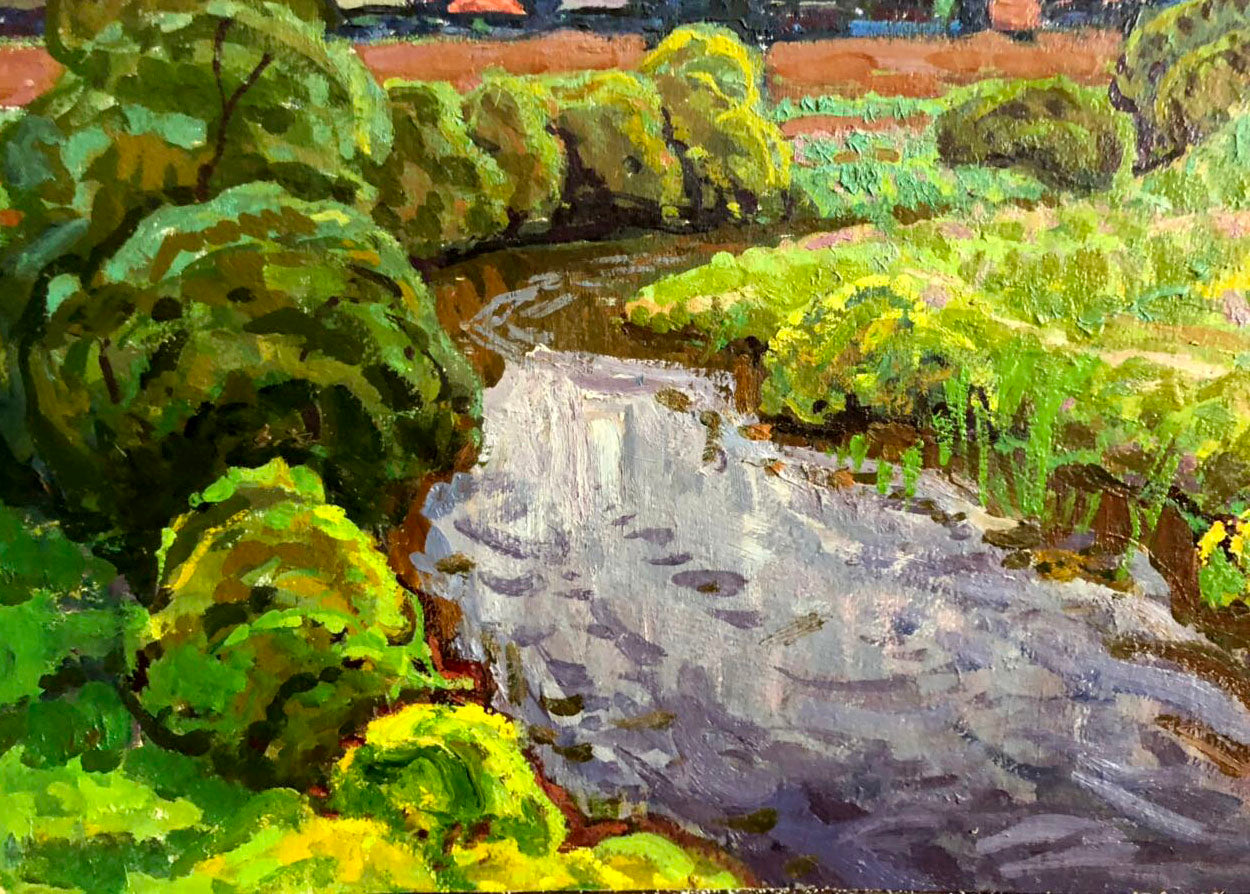 Vibrant impressionist oil painting by Grigory Savelievich Ruban of winding stream in lush greens