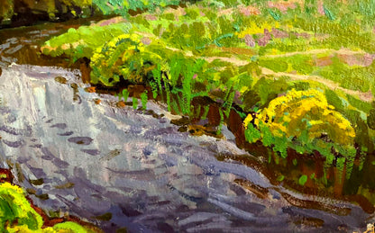 Vibrant impressionistic oil painting by Hay rates Grigory Savelievich Ruban of flowing stream with lush green yellow foliage