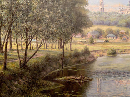 Serene oil painting by Litvinov Arkady Petrovich: tranquil riverbank landscape