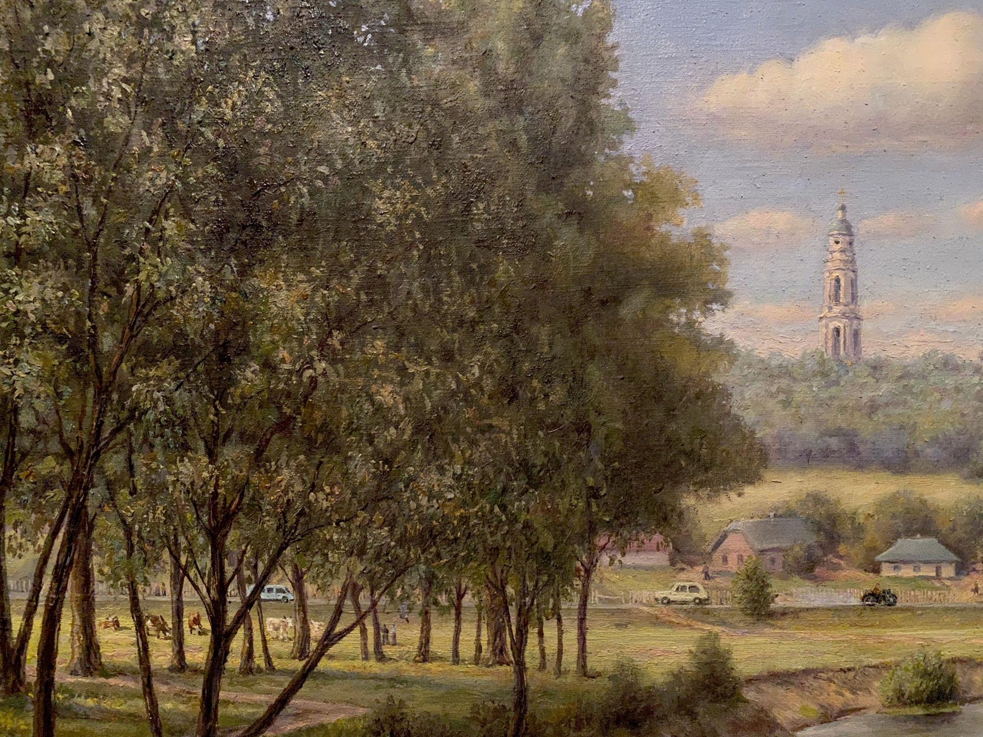 Oil painting by Litvinov Arkady Petrovich: tall church tower in pastoral landscape