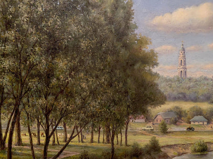 Oil painting by Litvinov Arkady Petrovich: tall church tower in pastoral landscape