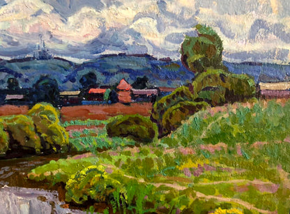 Vibrant impressionist oil painting by Grigory Savelievich Ruban: green hills, red farmhouse