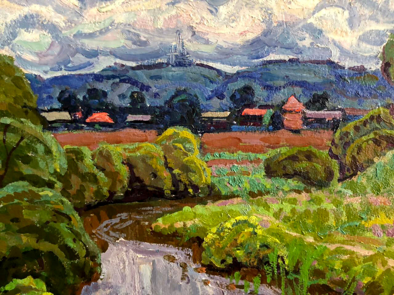 Vibrant impressionist oil painting by Grigory Savelievich Ruban: green hills, stream