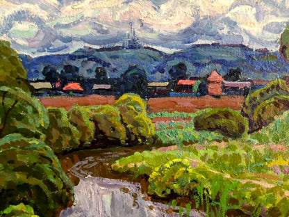 Vibrant impressionist oil painting by Grigory Savelievich Ruban: green hills, stream
