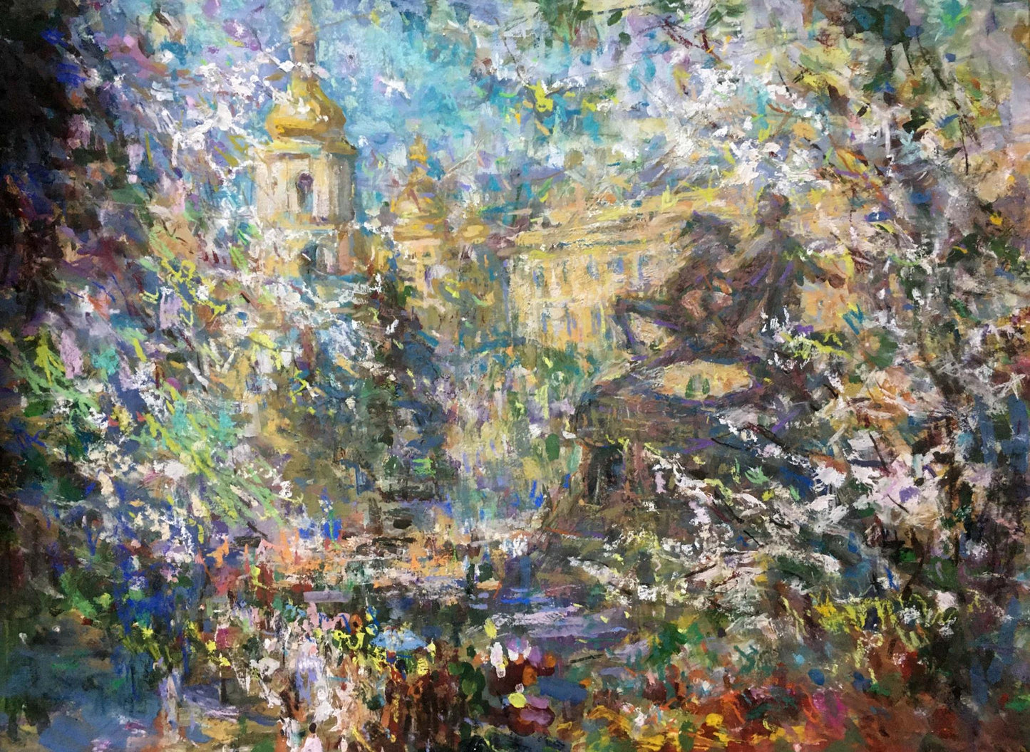 Vibrant impressionistic oil painting by Gubsky Igor Ivanovich of golden-domed cathedral among lush trees and blossoms