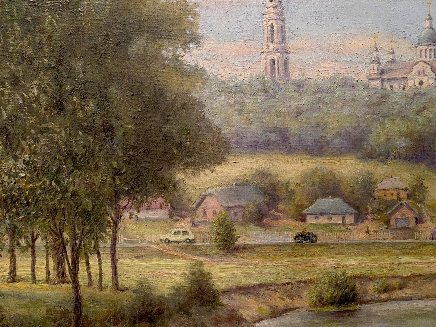 Serene oil painting by Litvinov Arkady Petrovich: village with monastery amid green hills