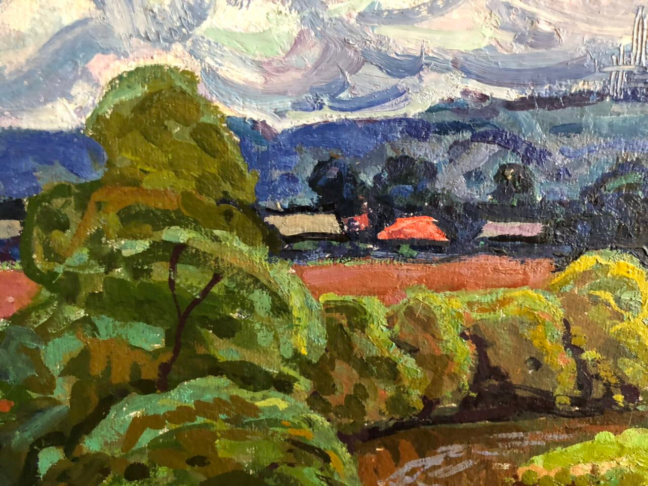 Vibrant impressionist oil painting by Grigory Savelievich Ruban, Hay rates, with green foliage, red-roofed house, swirling skies