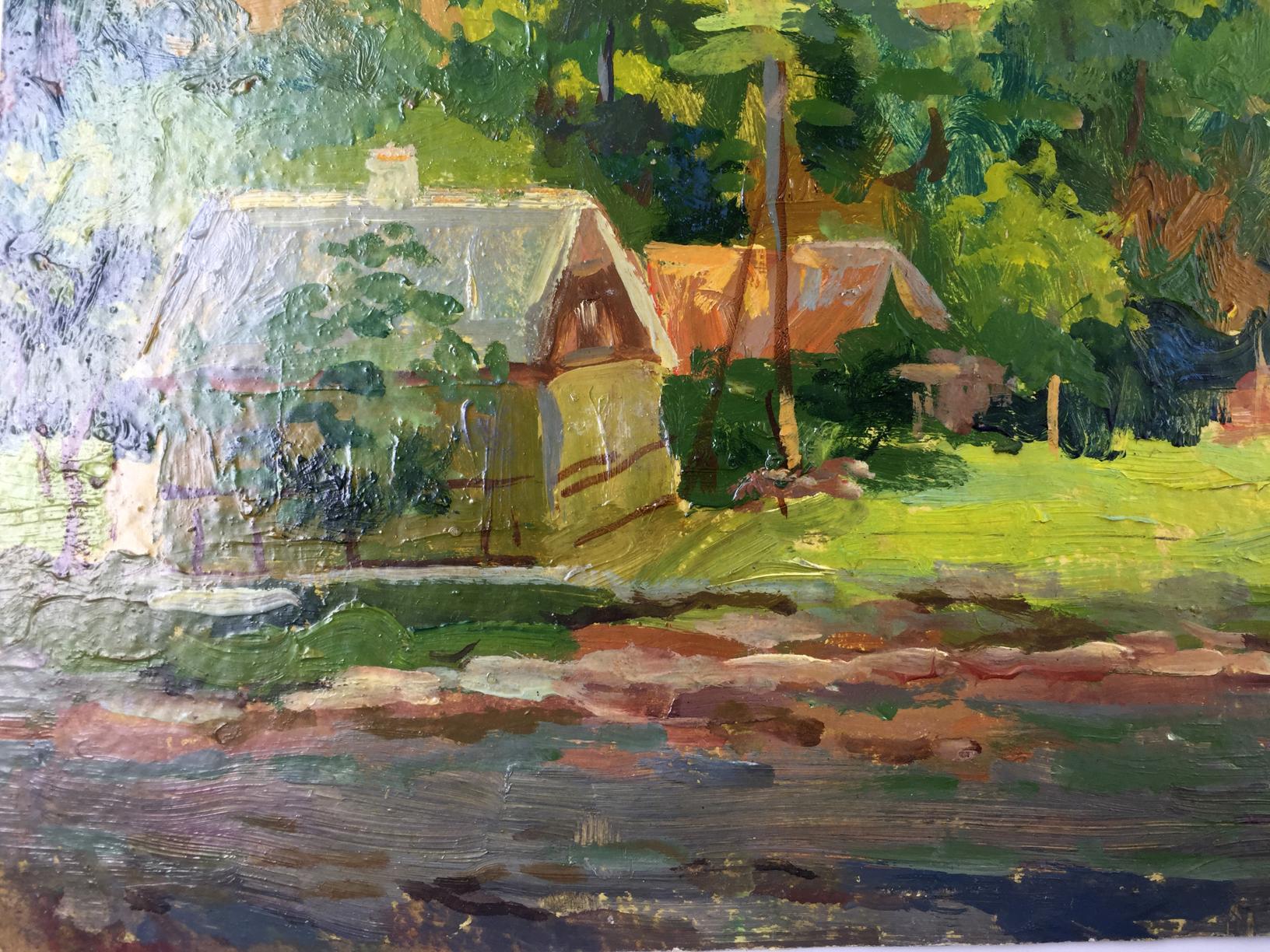 Rustic wooden cabin in lush trees, impressionistic oil painting by Leonid Arkhipovich Morozov