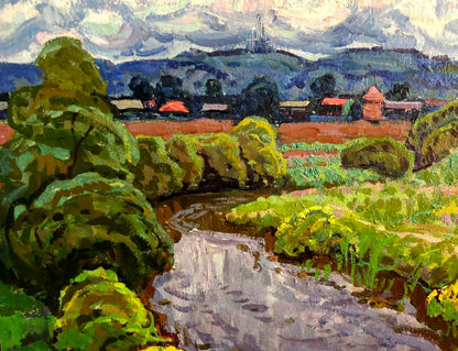Vibrant impressionist oil painting by Hay Rates Grigory Savelievich Ruban of winding stream in lush fields