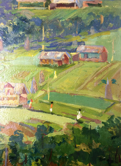 Vibrant impressionist oil painting by Leonid Arkhipovich Morozov: rural hills, cottages