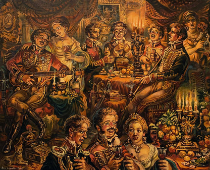 19th-century oil painting by Litvinov: lavish banquet in ornate attire