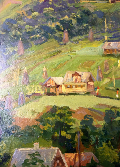 Vibrant impressionist oil painting by Leonid Arkhipovich Morozov of rural village on green hills