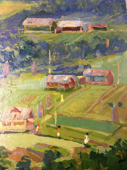Vibrant impressionist oil painting by Leonid Arkhipovich Morozov of rural summer hills