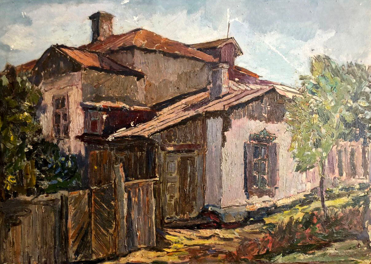 Oil painting of weathered Native home by Sambour Arkady Geseyonovich