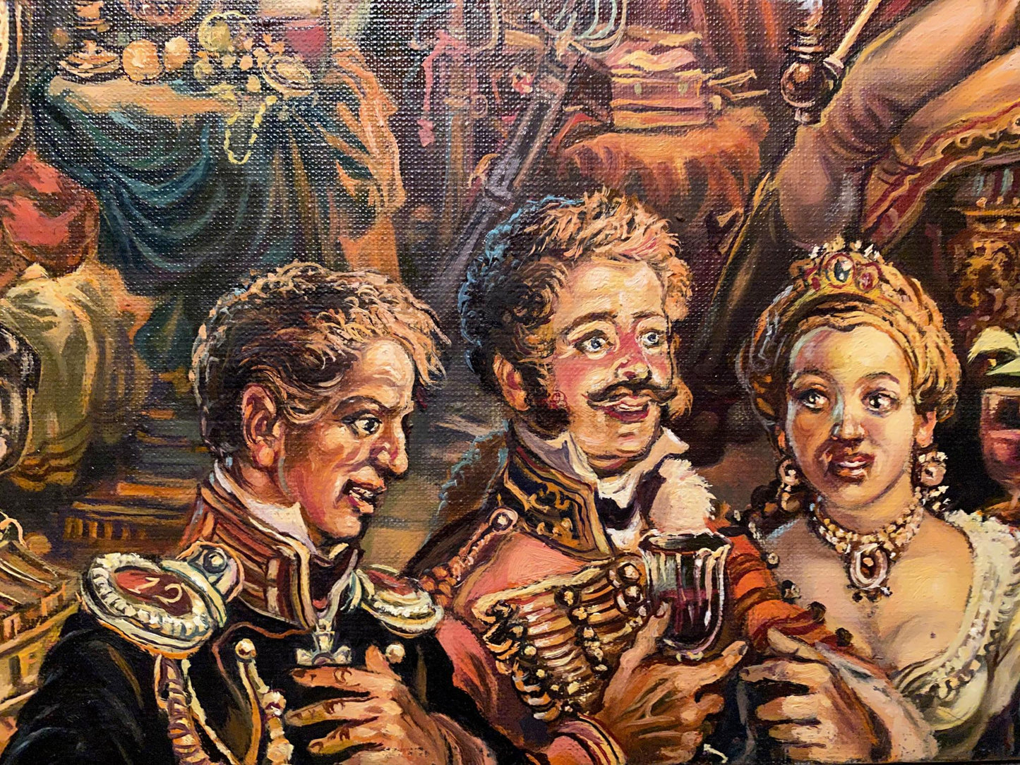 19th century oil painting by Alexander Arkadievich Litvinov of three figures in ornate 18th-century military attire, central in red coat with gold embroidery