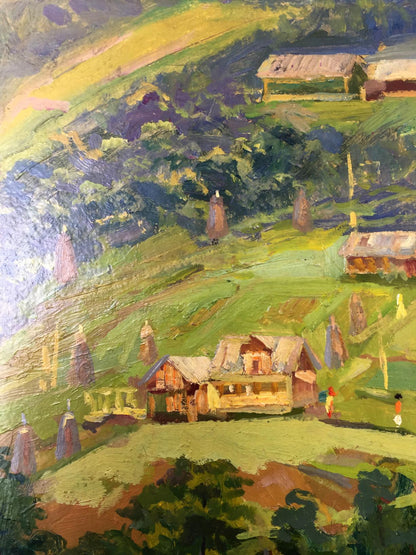 Vibrant impressionist oil painting by Leonid Arkhipovich Morozov of rural village in green hills