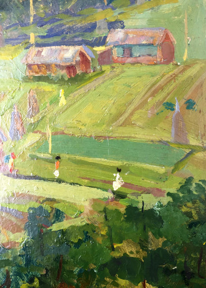 Vibrant impressionist oil painting by Leonid Arkhipovich Morozov: green hills, farmhouses