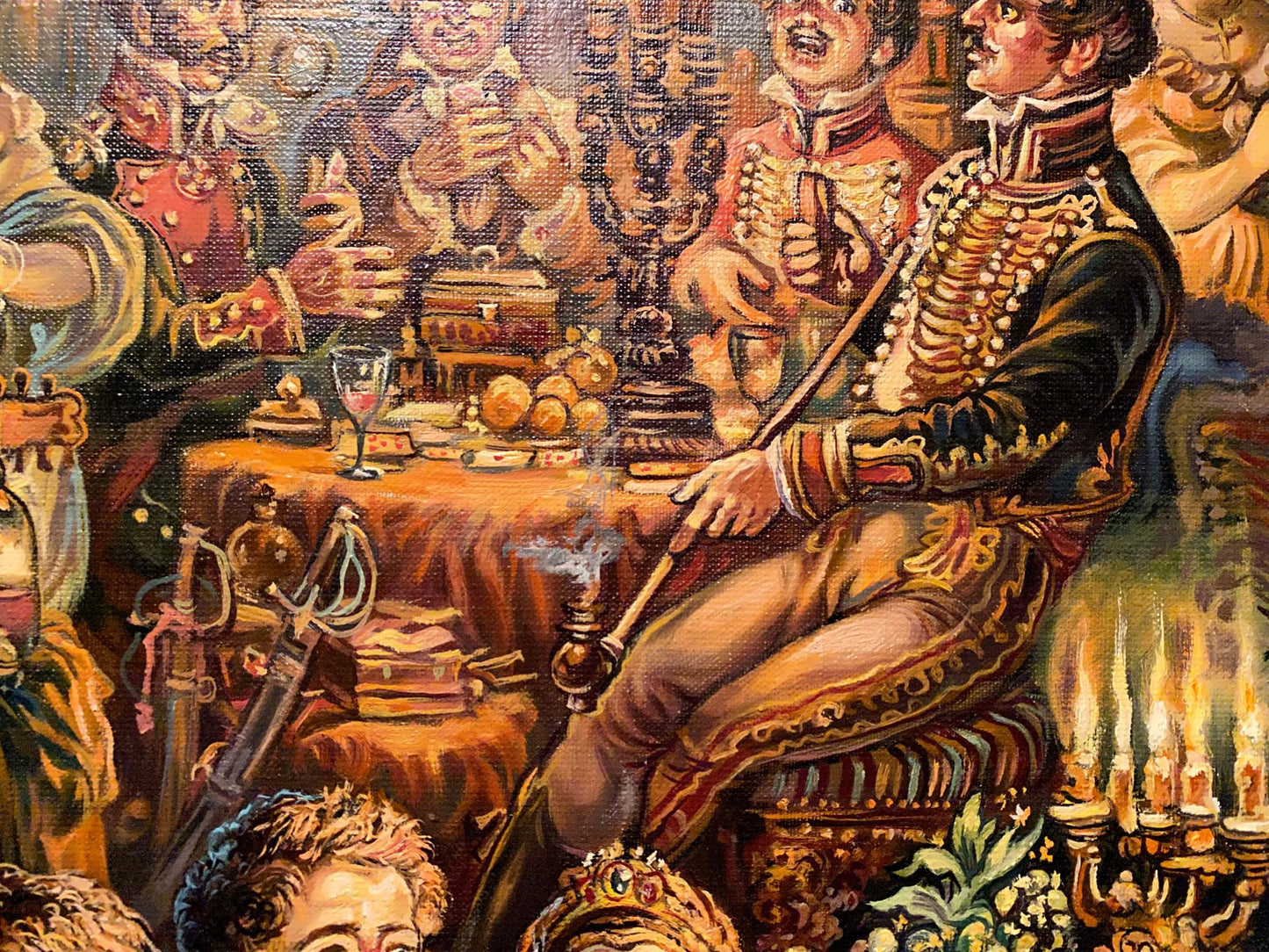 19th century oil painting by Alexander Arkadievich Litvinov of man in ornate green gold uniform at opulent table
