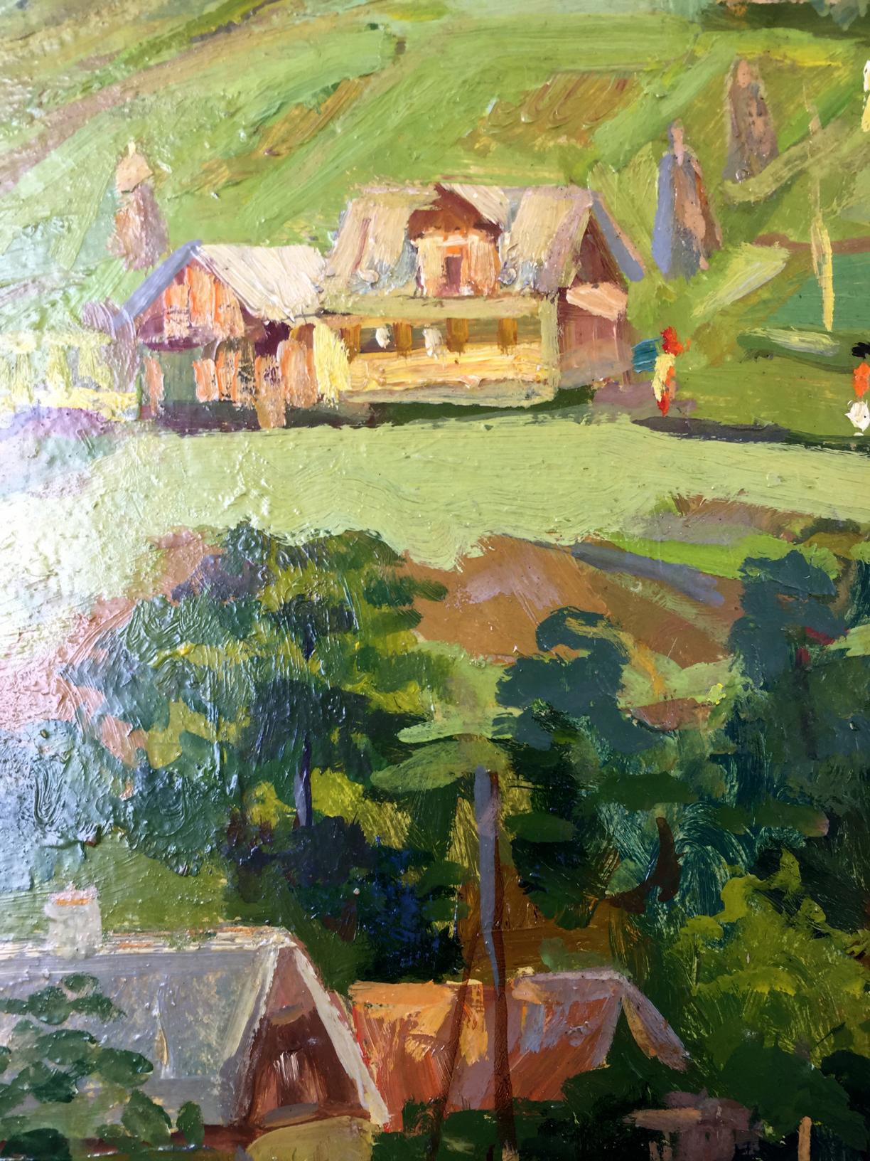 Oil painting by Leonid Arkhipovich Morozov of rustic thatched house in lush landscape