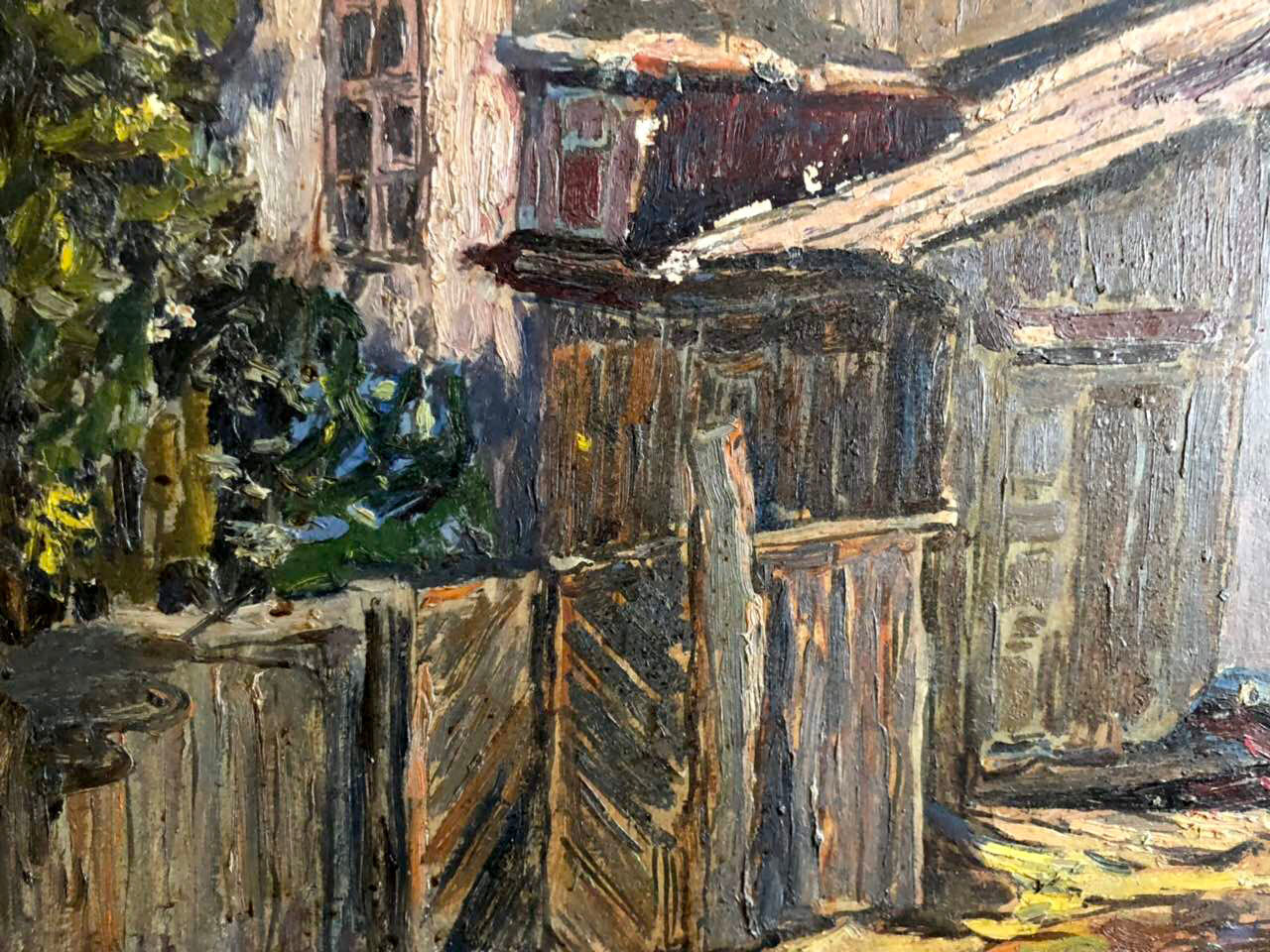 Oil painting of weathered wooden fence by Arkady Geseyonovich