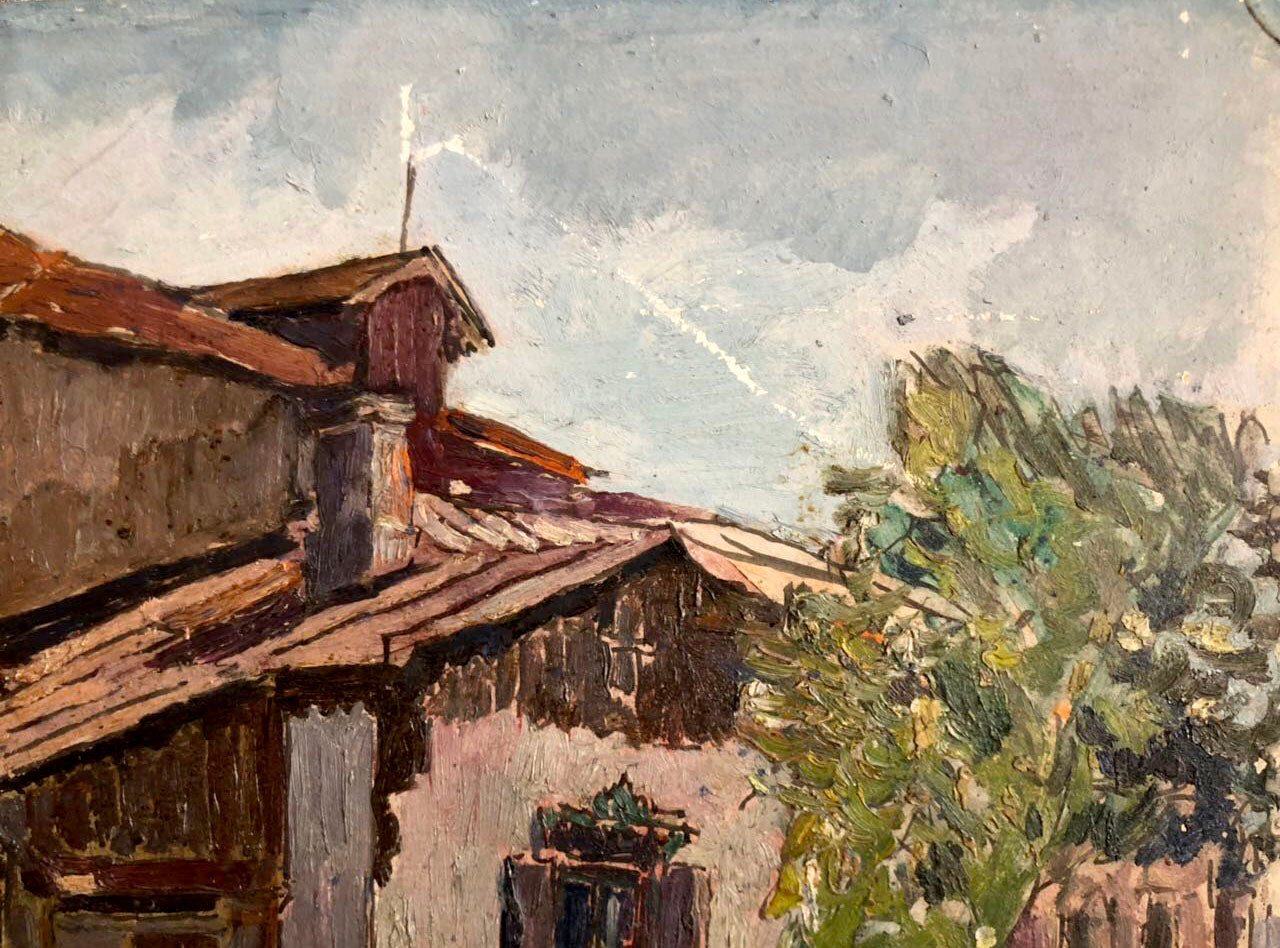 Oil painting of rustic Native home Sambour by Arkady Geseyonovich
