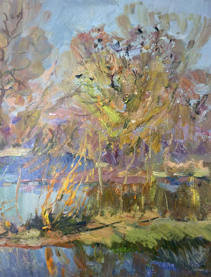Vibrant impressionistic autumn trees oil painting by Sevastyanov Viktor Grigoryevich