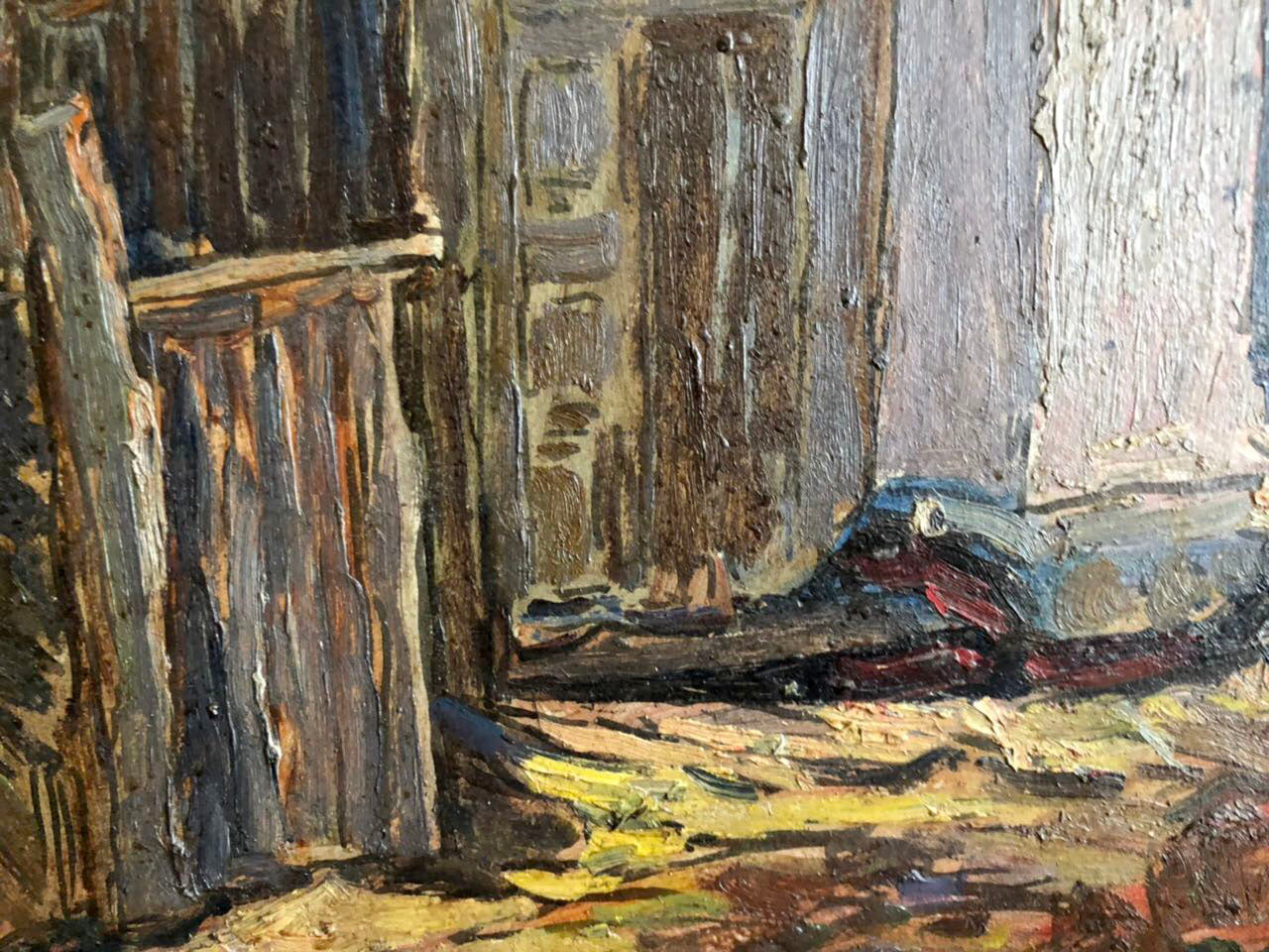 Impressionistic oil painting of weathered wooden door in Native home by Arkady Geseyonovich