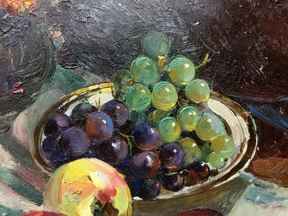 Vibrant oil painting of grapes in bowl by Maltsev Nikolay Alexandrovich