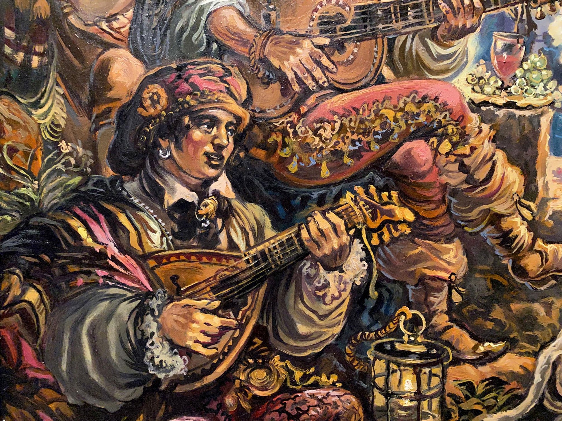 Oil painting of woman in Italian dance attire playing mandolin by Litvinov