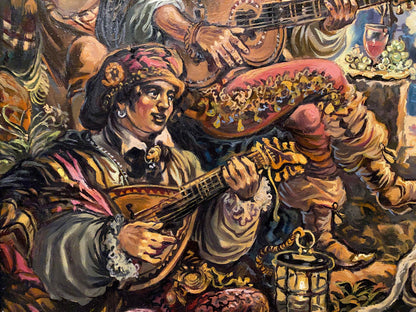 Oil painting of woman in Italian dance attire playing mandolin by Litvinov