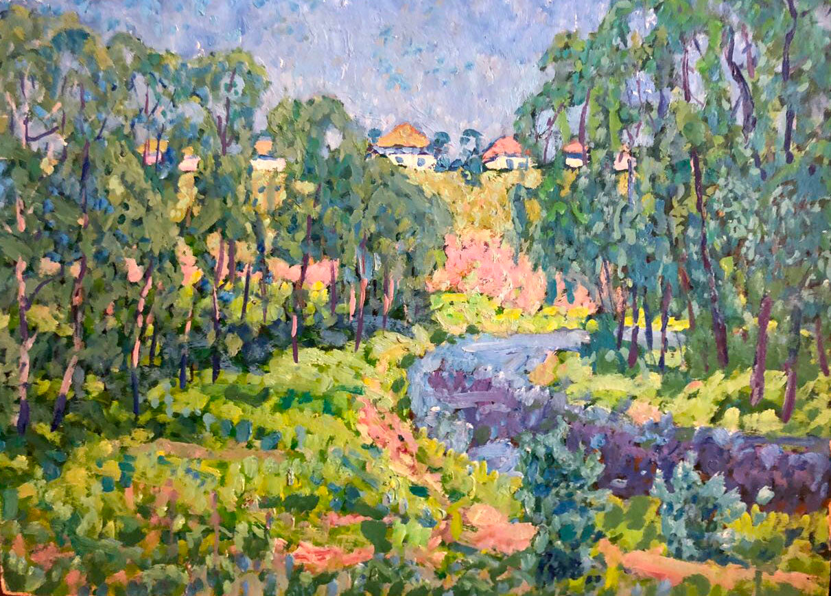 Vibrant impressionist oil painting by Kolosovsky Georgy Sergeevich with lush green trees, winding stream, and distant orange-roofed houses in sunny weather