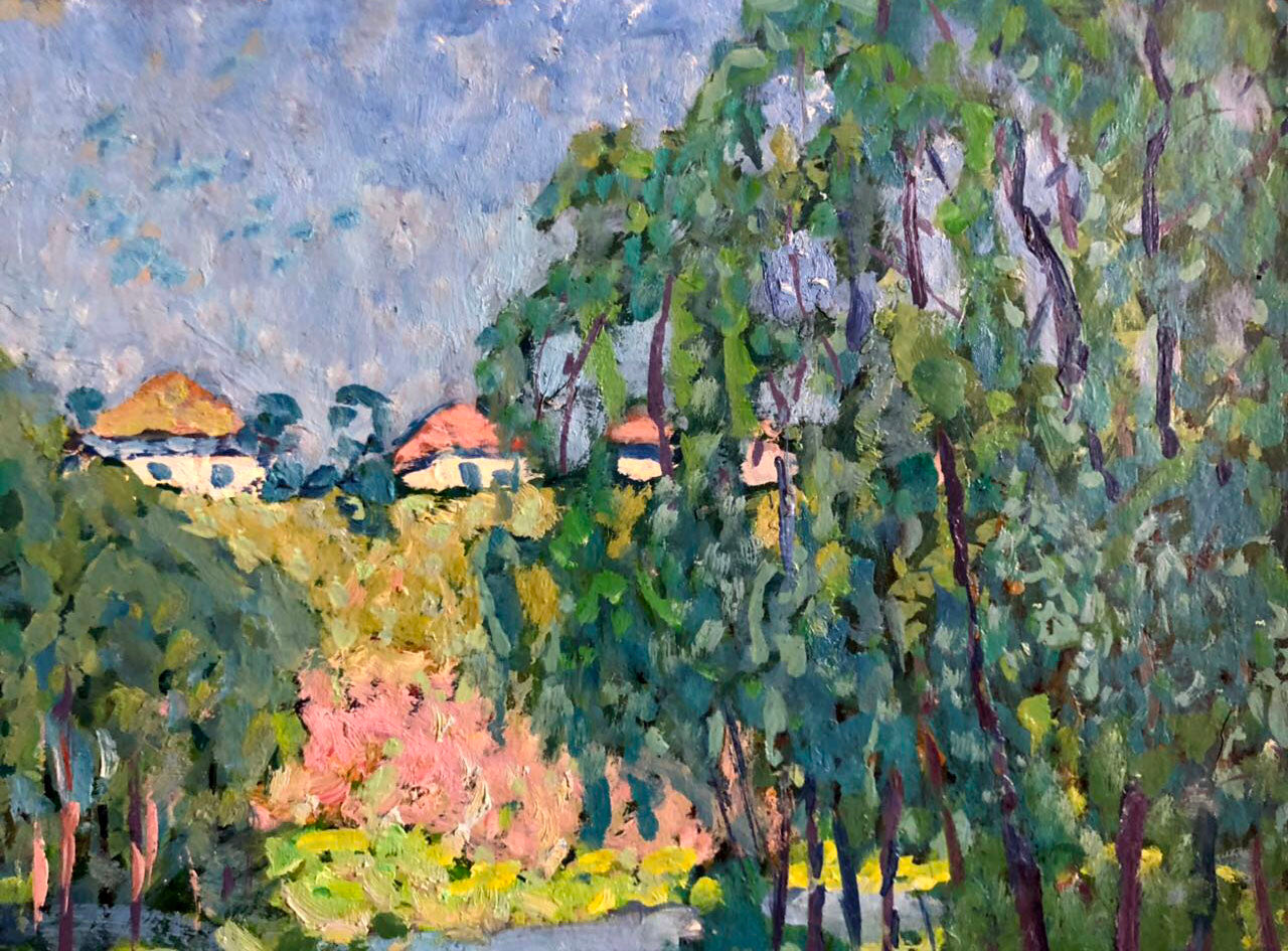 Vibrant impressionist oil painting by Kolosovsky Georgy Sergeevich with lush green trees