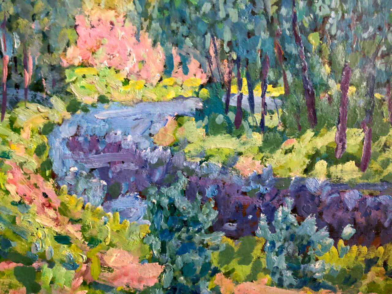 Vibrant impressionist oil painting by Kolosovsky Georgy Sergeevich of sunny forest scene