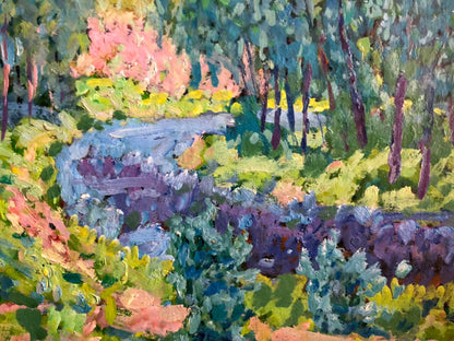Vibrant impressionist oil painting by Kolosovsky Georgy Sergeevich of sunny forest scene