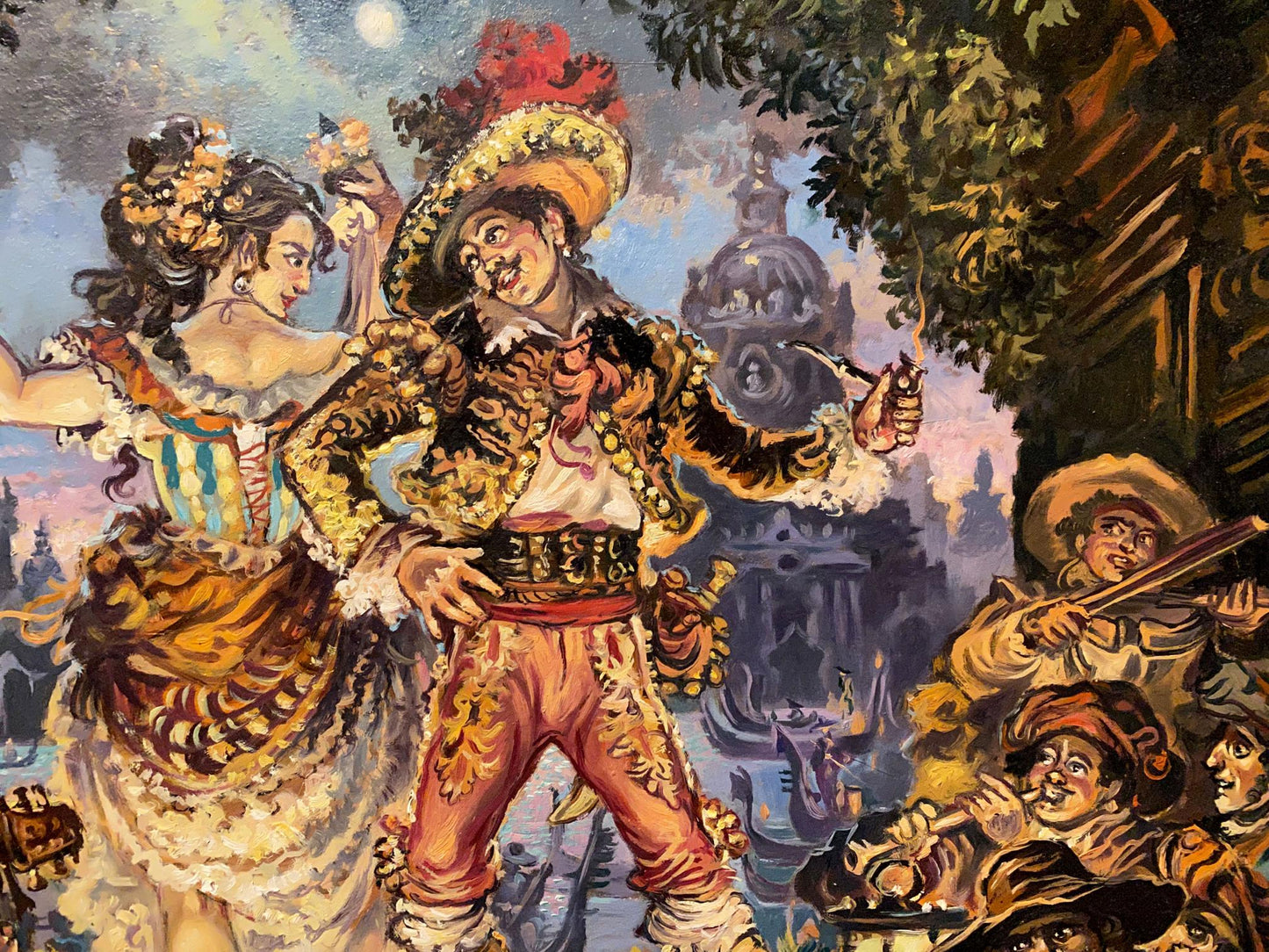 Oil painting of flamenco dancers by Litvinov under moonlight
