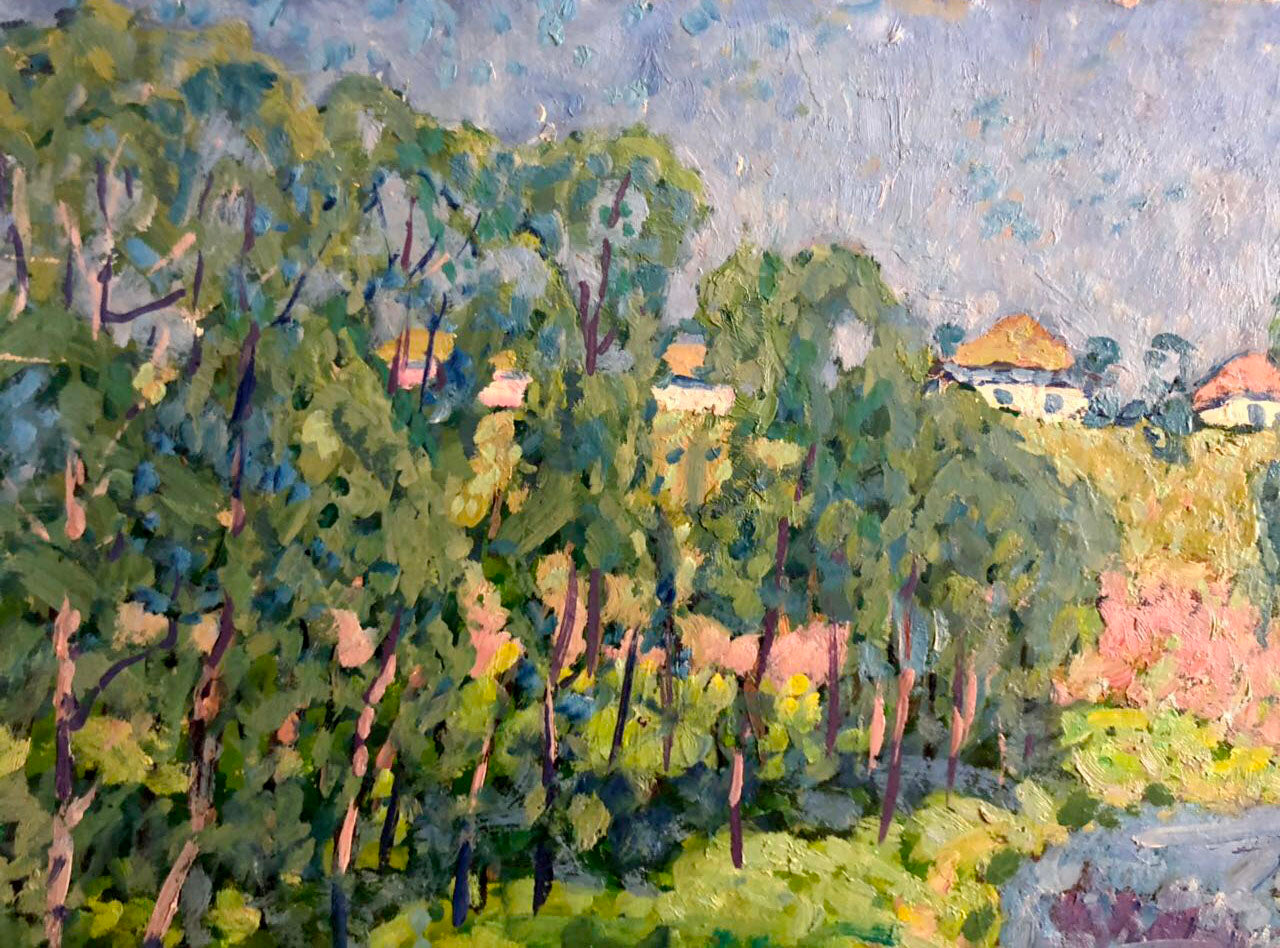 Vibrant impressionist oil painting by Kolosovsky Georgy Sergeevich with lush green trees