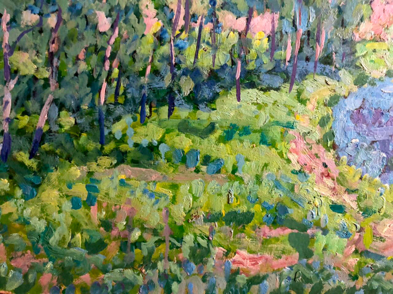 Vibrant impressionist oil painting of sunny forest by Kolosovsky Georgy Sergeevich