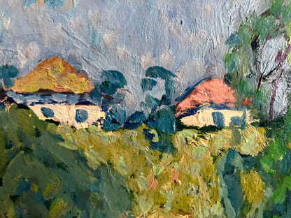 Impasto oil painting by Kolosovsky Georgy Sergeevich: sunny landscape with thatched houses