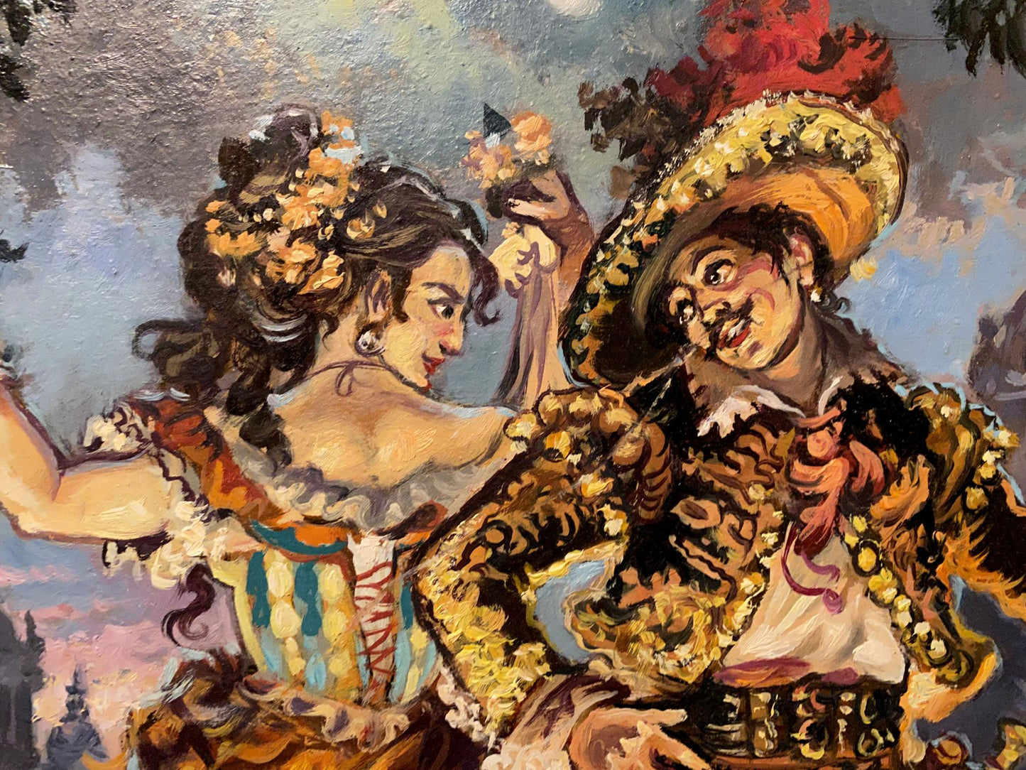 Vibrant oil painting of Italian dance by Litvinov in Mexican attire