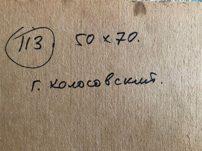 Back of oil painting Sunny weather by Kolosovsky Georgy Sergeevich: handwritten 1/3 label 50x70 cm
