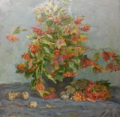 Vibrant oil painting of autumnal viburnum bush by Alexander Fedorovich Mynka