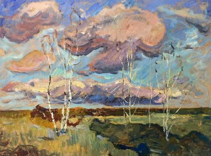Vibrant impressionistic oil painting of birch trees by Sevastyanov Viktor Grigoryevich