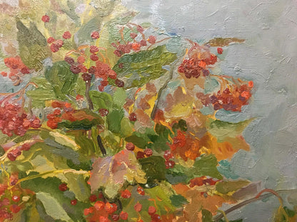 Oil painting Viburnum Mynka by Alexander Fedorovich with red berries and green leaves