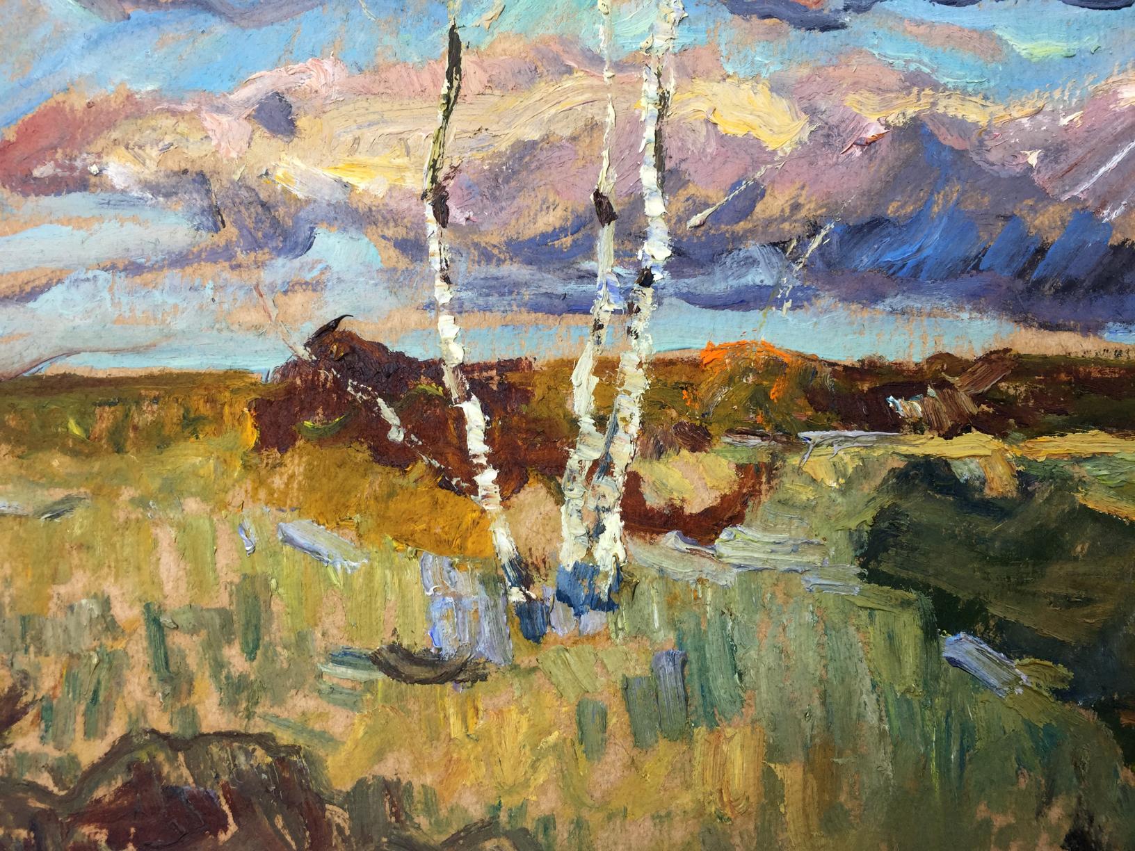 Vibrant impressionistic oil painting of birch trees in meadows by Sevastyanov Viktor Grigoryevich