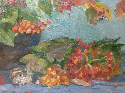 Oil painting Viburnum Mynka by Alexander Fedorovich, vibrant berries and leaves