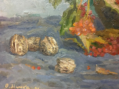 Oil painting Viburnum by Mynka Alexander Fedorovich with textured stones and foliage