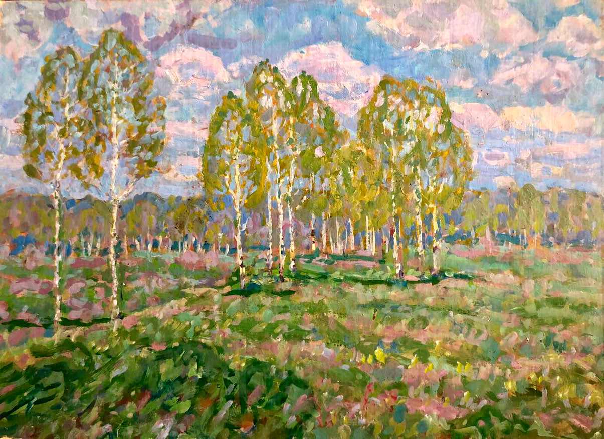 Oil painting In April by Kolosovsky Georgy Sergeevich: birch grove