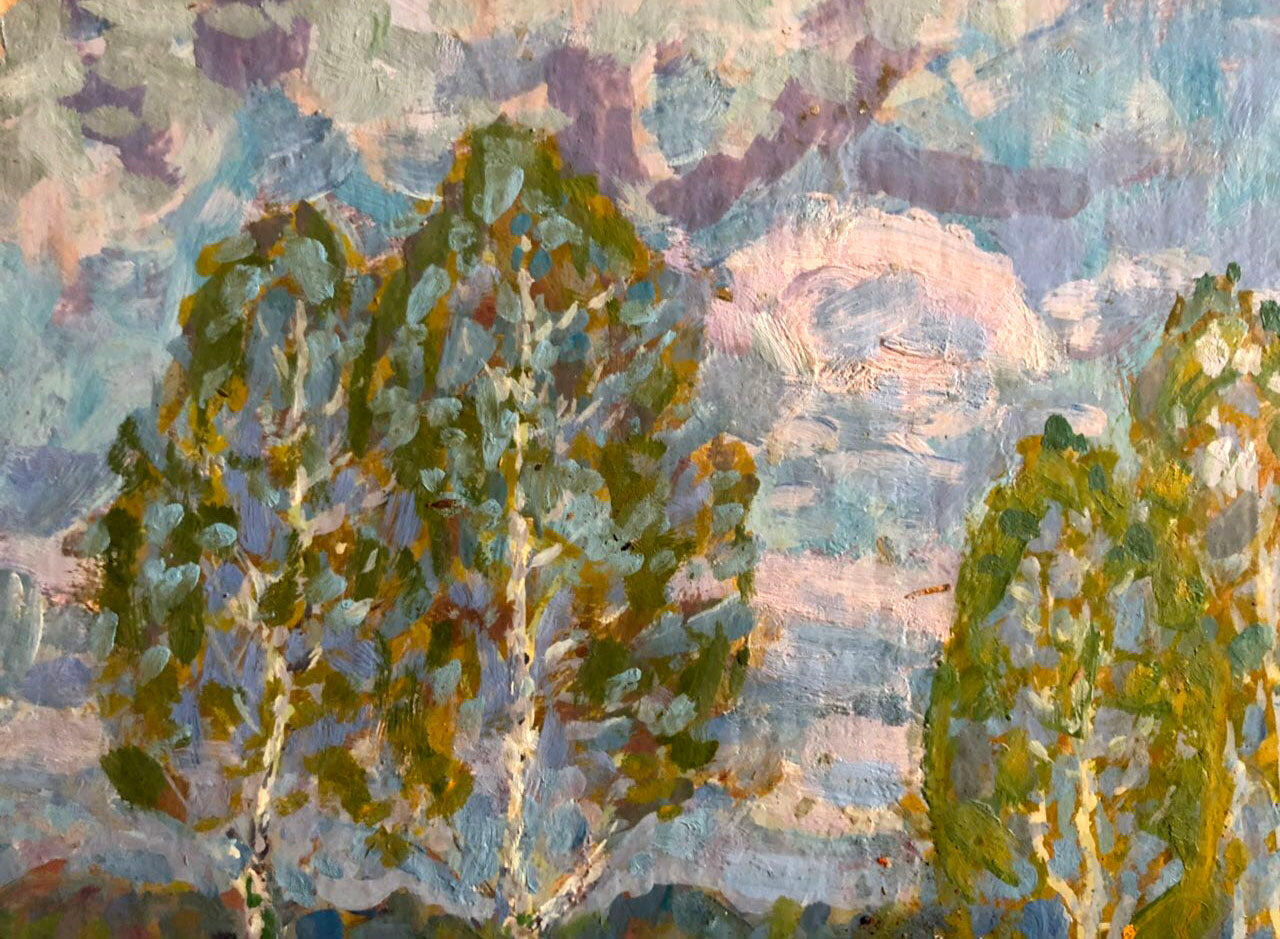 Oil painting In April by Kolosovsky Georgy Sergeevich, impressionist birch trees