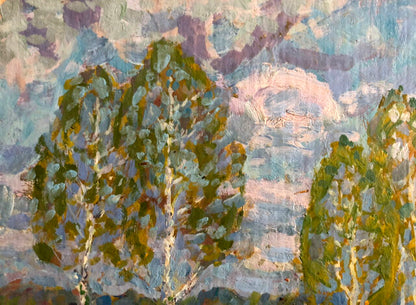 Oil painting In April by Kolosovsky Georgy Sergeevich, impressionist birch trees